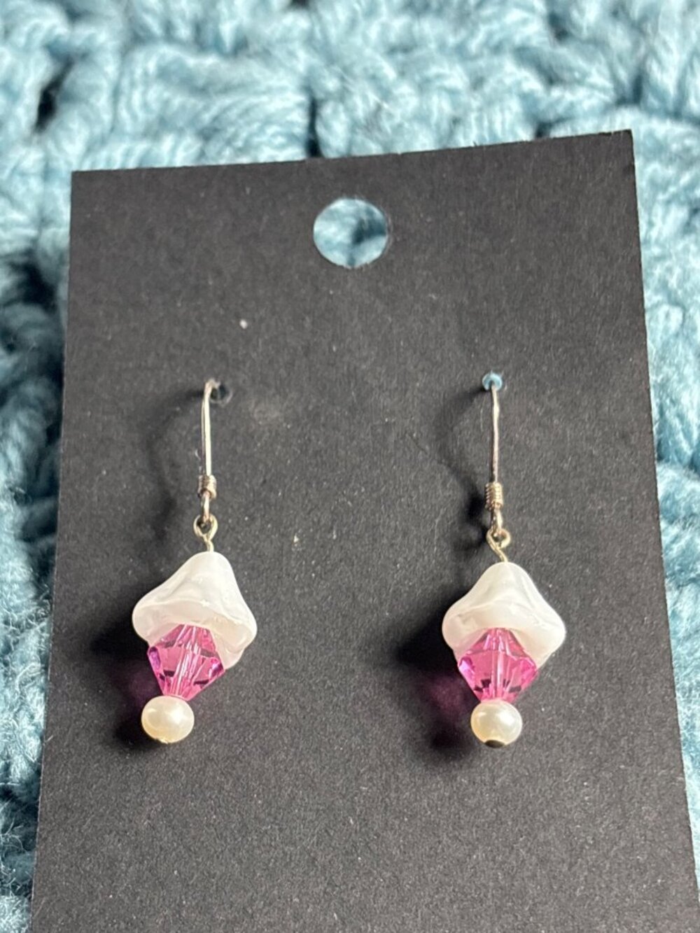 White Pink Glass Bead Dangle Earrings 925 Sterling Silver Hooks 0.75 inch